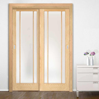 Image: Two Sliding Wardrobe Doors & Frame Kit - Lincoln Glazed Oak Door - Frosted Glass - Unfinished