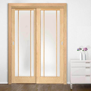 Image: Minimalist Wardrobe Door & Frame Kit - Two Lincoln Glazed Oak Doors - Frosted Glass - Unfinished