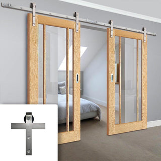 Image: Double Sliding Door & Stainless Steel Barn Track - Lincoln 3 Pane Oak Doors - Clear Glass - Unfinished