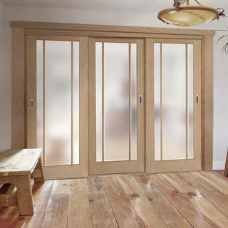 Image: Three Sliding Doors and Frame Kit - Lincoln Glazed Oak Door - Frosted Glass - Unfinished