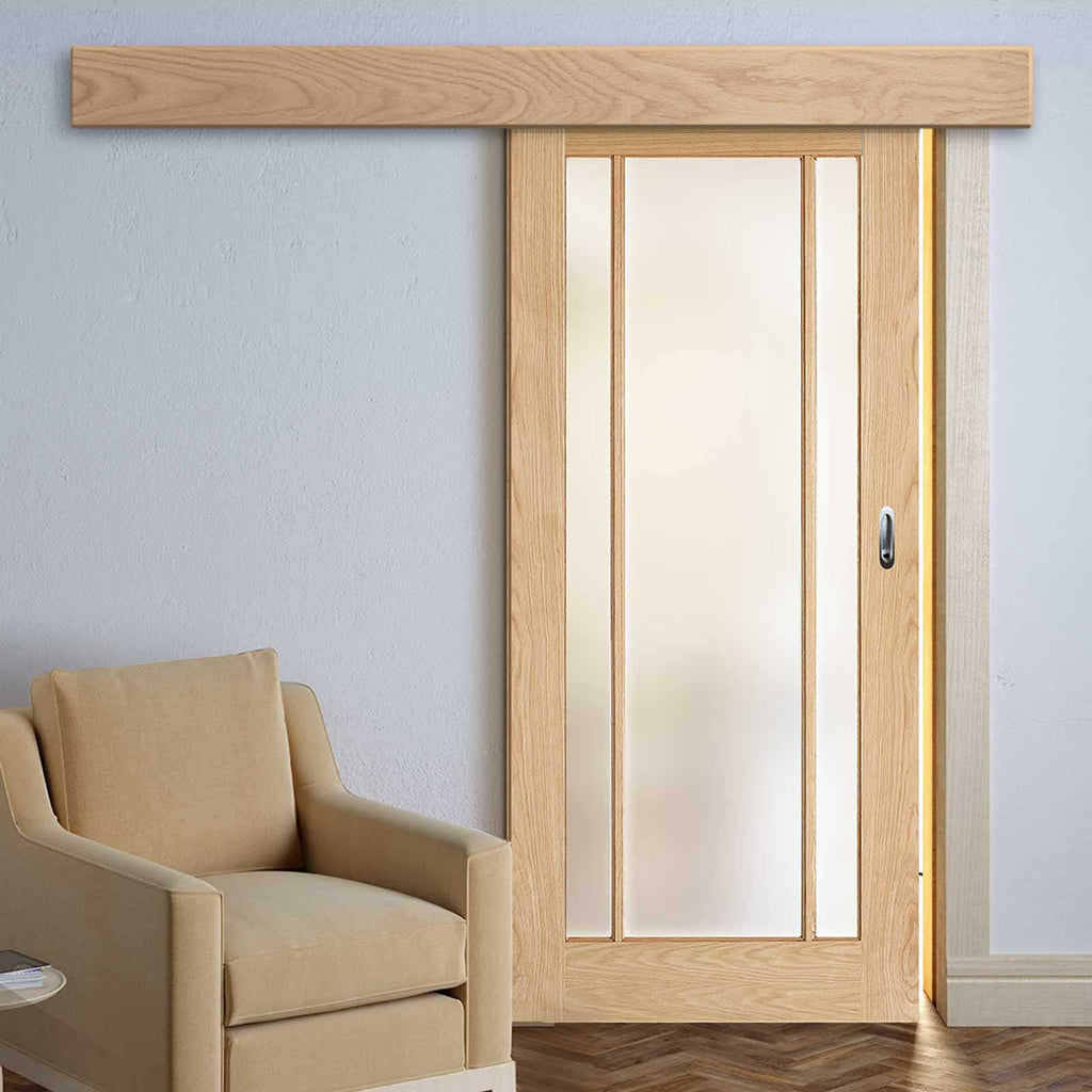 Single Sliding Door & Wall Track - Lincoln 3 Pane Oak Door - Frosted Glass - Unfinished