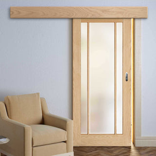 Image: Single Sliding Door & Wall Track - Lincoln 3 Pane Oak Door - Frosted Glass - Unfinished