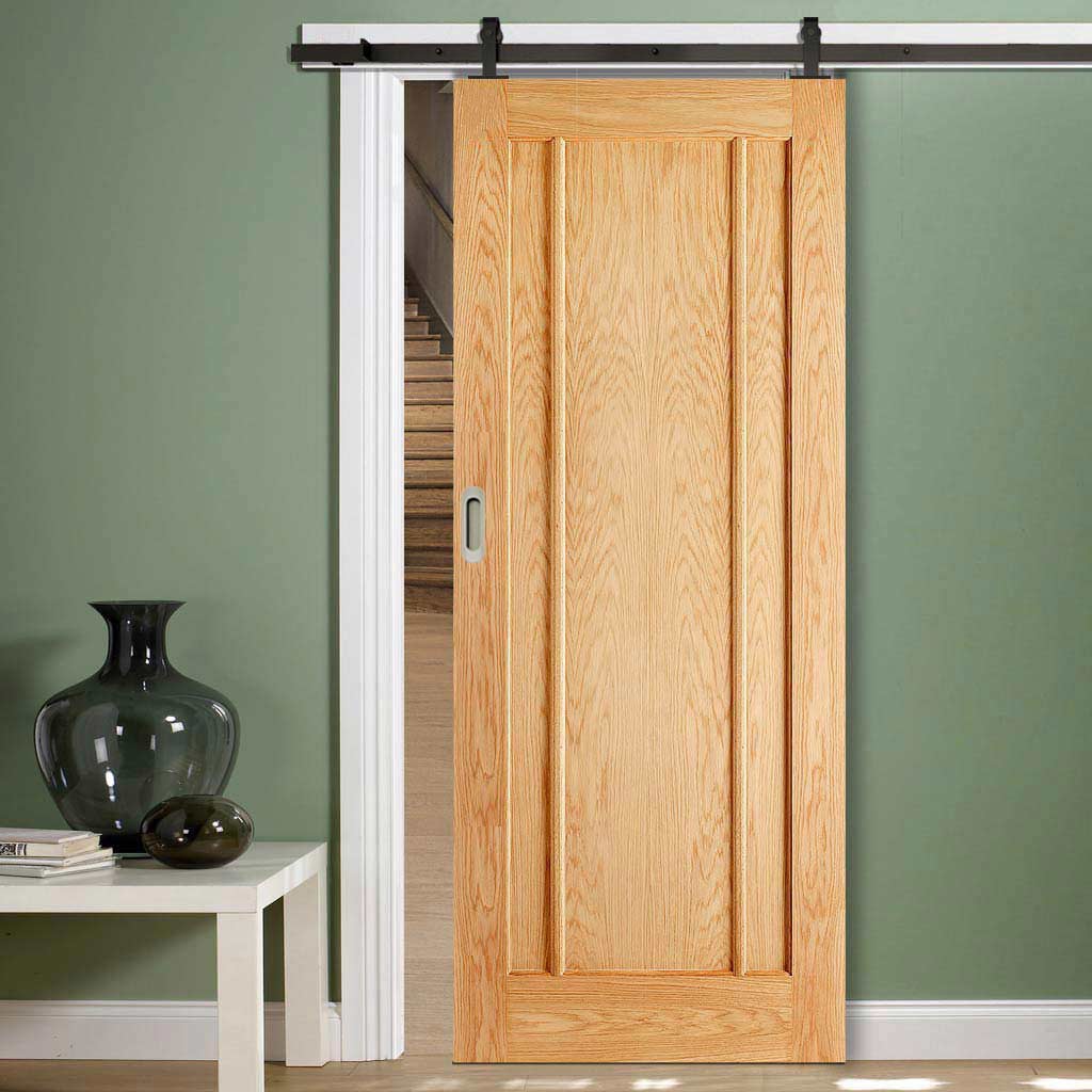 Top Mounted Black Sliding Track & Door - Lincoln 3 Panel Oak Door - Unfinished