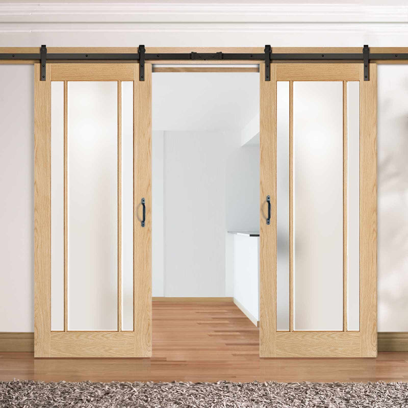 Double Sliding Door & Track - Lincoln 3 Pane Oak Doors - Frosted Glass - Unfinished