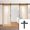 Double Sliding Door & Black Barn Track - Lincoln 3 Pane Oak Doors - Frosted Glass - Unfinished