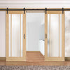 Double Sliding Door & Track - Lincoln 3 Pane Oak Doors - Frosted Glass - Unfinished