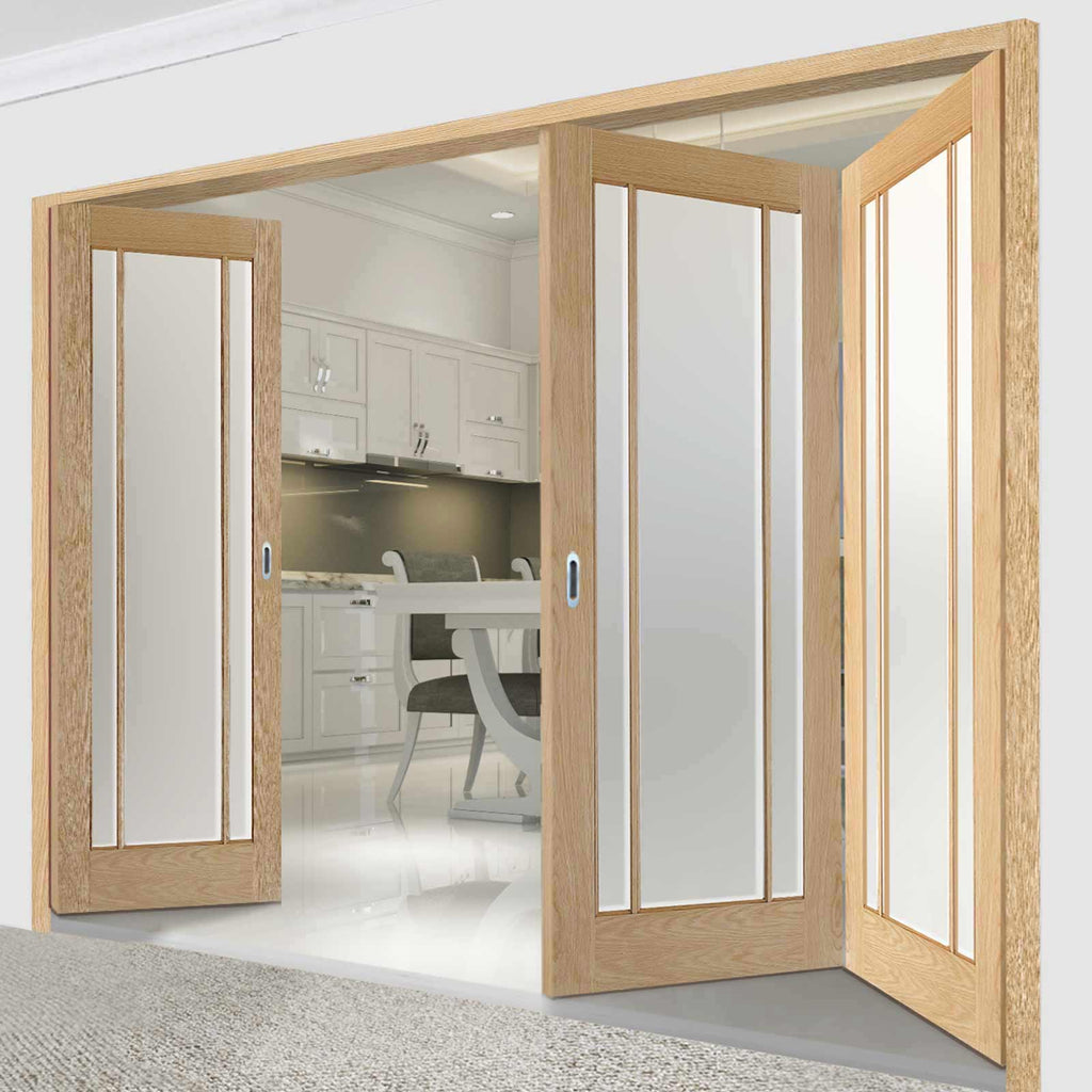 Three Folding Doors & Frame Kit - Lincoln 3 Pane Oak 2+1 - Frosted Glass - Unfinished