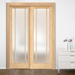Image: Two Sliding Doors and Frame Kit - Lincoln Glazed Oak Door - Frosted Glass - Unfinished