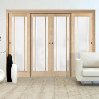Image: Four Sliding Wardrobe Doors & Frame Kit - Lincoln 3 Pane Oak Door - Frosted Glass - Unfinished