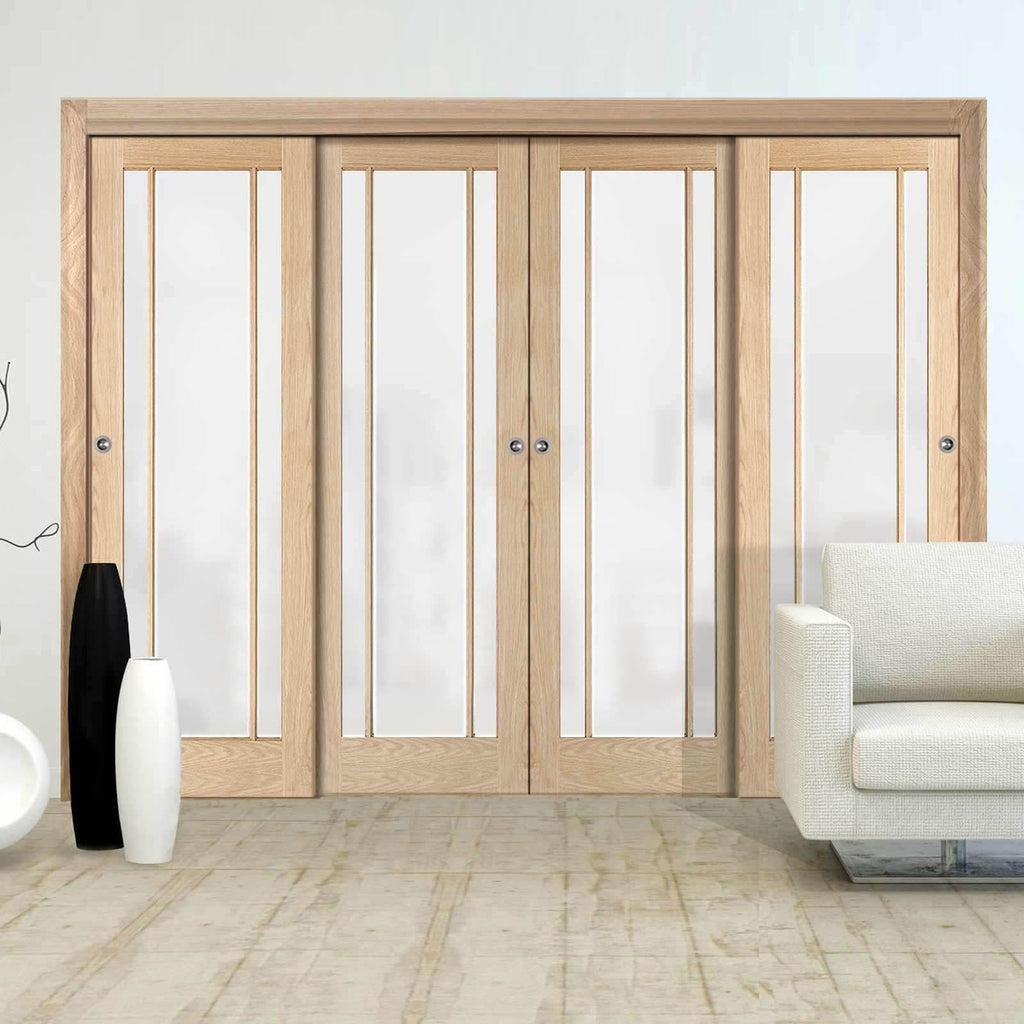 Minimalist Wardrobe Door & Frame Kit - Four Lincoln 3 Pane Oak Doors - Frosted Glass - Unfinished