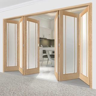 Image: Six Folding Doors & Frame Kit - Lincoln 3 Pane Oak 3+3 - Frosted Glass - Unfinished