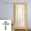 Single Sliding Door & Stainless Steel Barn Track - Lincoln Oak Door - Frosted Glass - Unfinished