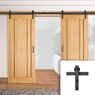 Image: Double Sliding Door & Black Barn Track - Lincoln 3 Panel Oak Doors - Unfinished