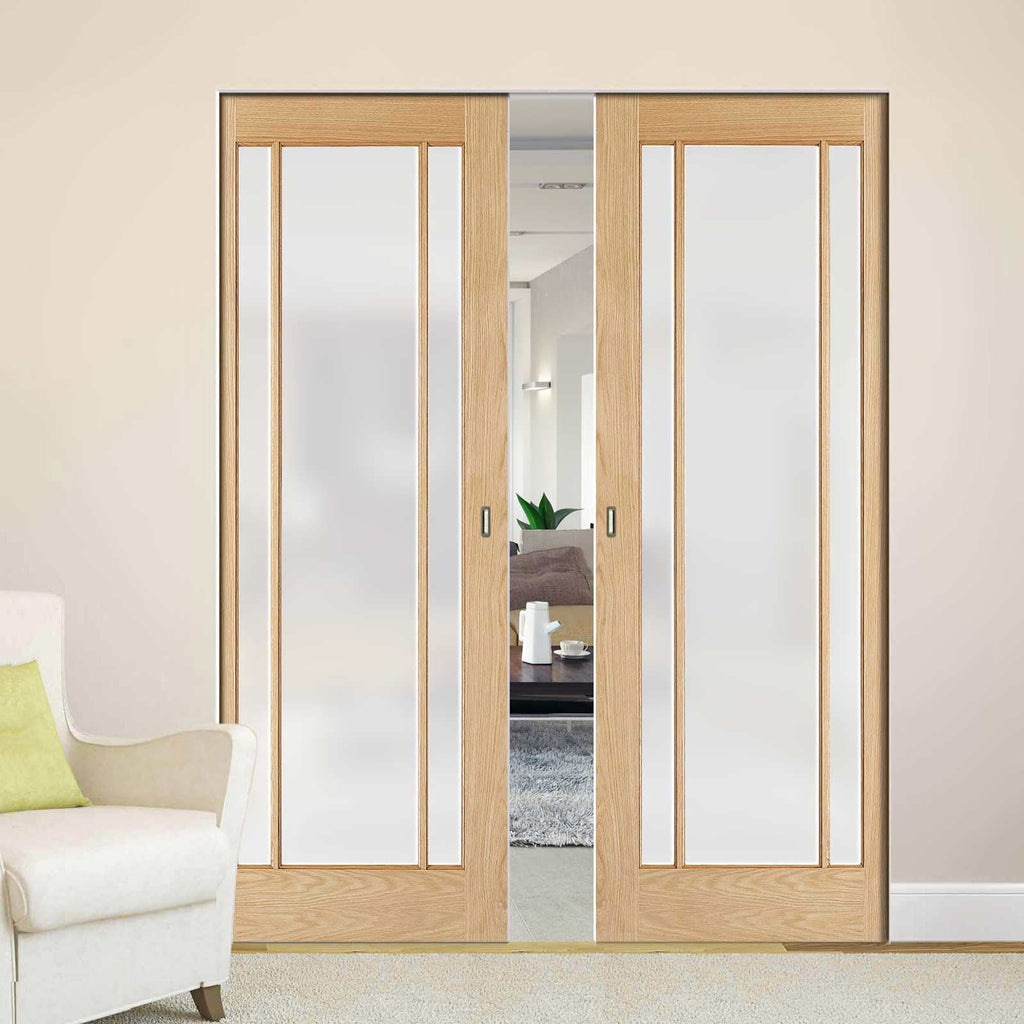 Lincoln Glazed Oak Absolute Evokit Double Pocket Doors - Frosted Glass - Unfinished