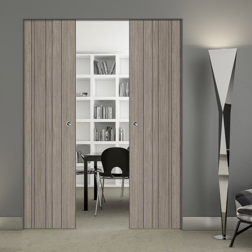 Laminate Montreal Light Grey Absolute Evokit Double Pocket Door - Prefinished