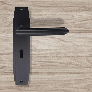 Image: Art Deco ADR013 Bathroom Backplate Lever Lock Door Handles - Matt Black Finish
