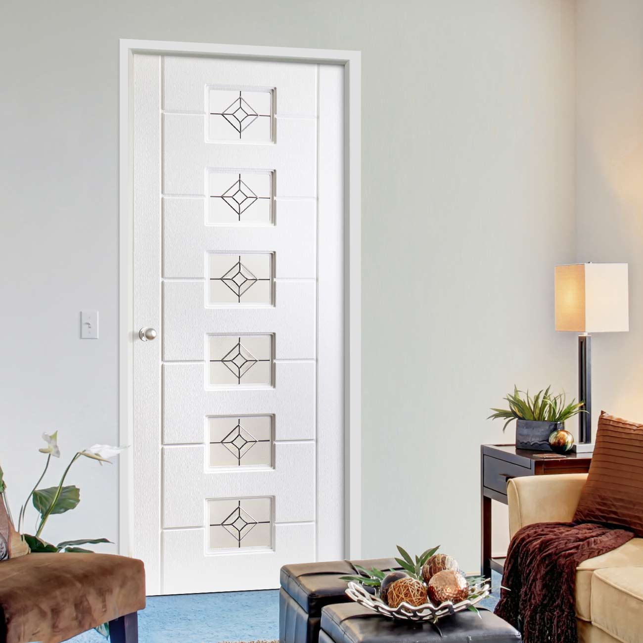 White PVC lomond lightly grained door diamonds style glass