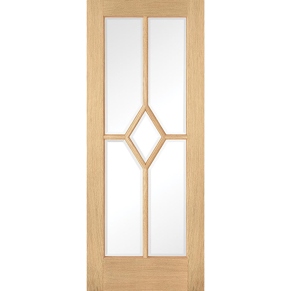 Pass-Easi Three Sliding Doors and Frame Kit - Reims Diamond 5 Panel Oak Door- Clear Bevelled Glass - Prefinished