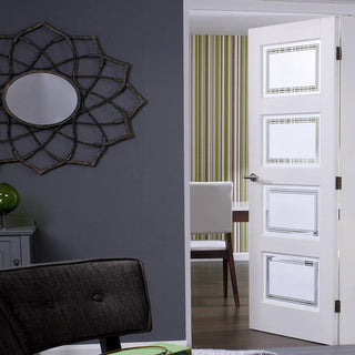 Image: Contemporary 4 Pane Door - Sandblasted Clear Lines - White Primed