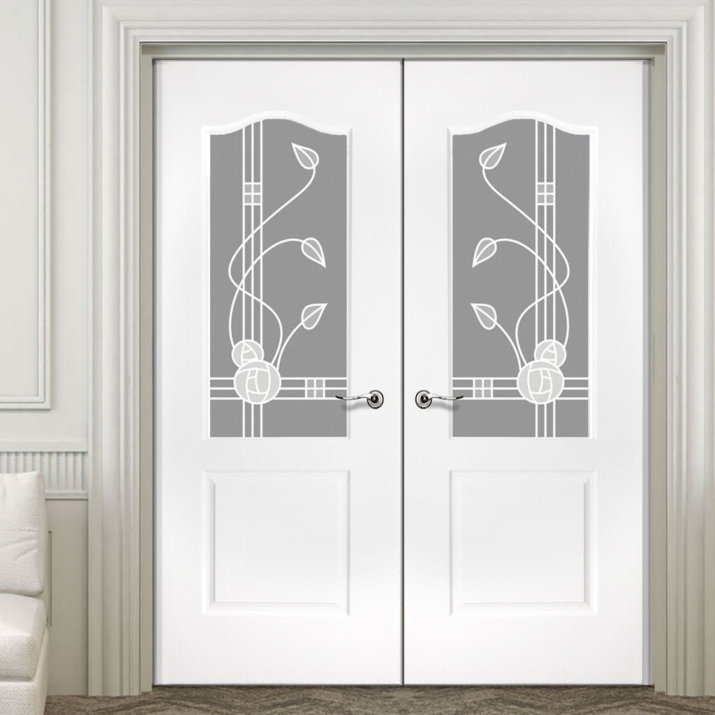 Classic Grained PVC Door Pair - Sandblast MacIntosh Style Glass