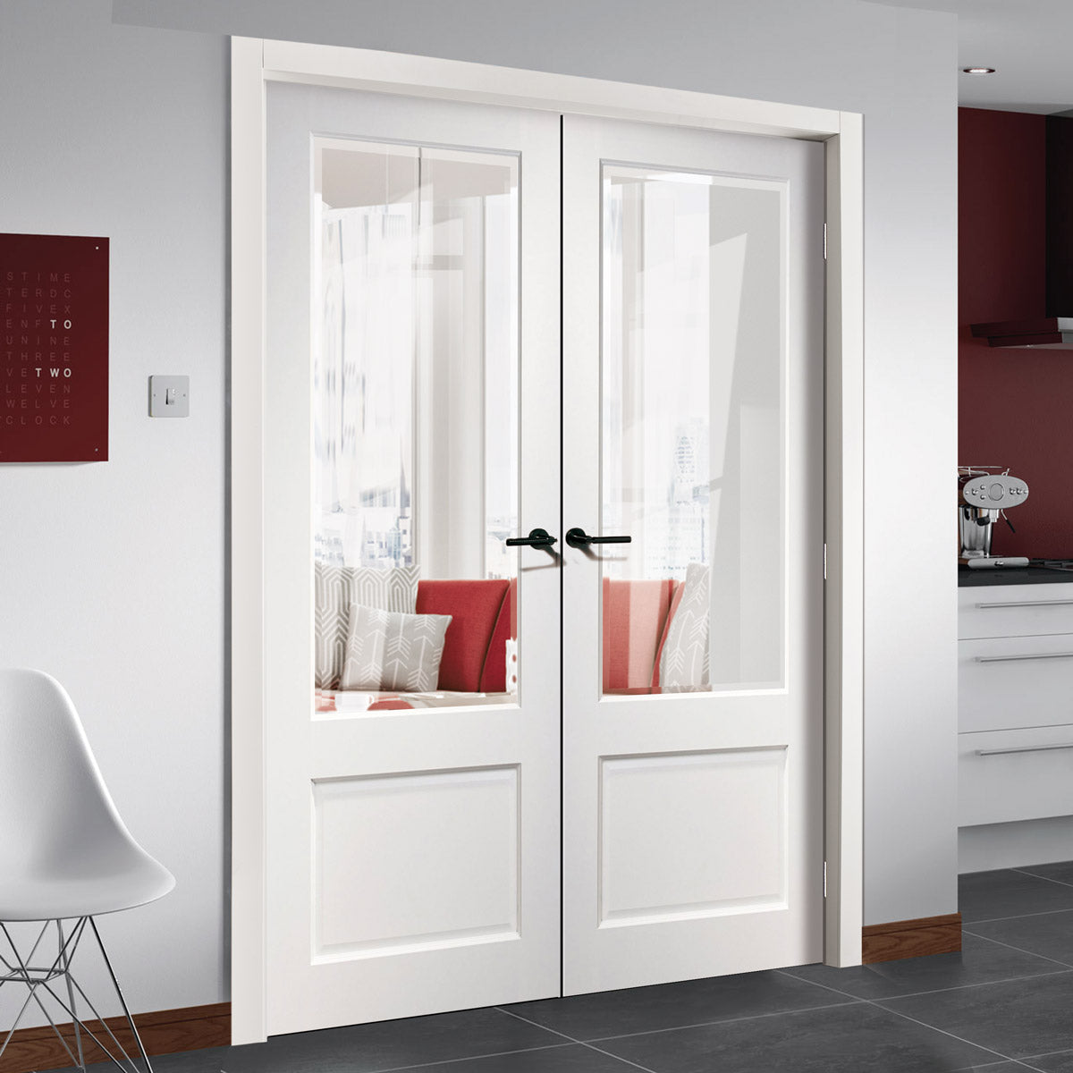 Madison White Primed Door Pair - Clear Bevelled Glass