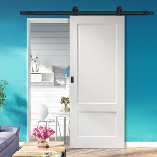 Image: Top Mounted Black Sliding Track & Door - Madison White Primed Panel Door