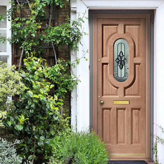 Image: Acacia Mahogany Wooden Front Door - Dowel Jointed Door - Chesterton Style Double Glazing