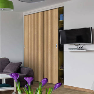 Image: Minimalist Wardrobe Door & Frame Kit - Two Melbourne Oak Flush Internal Door - Prefinished