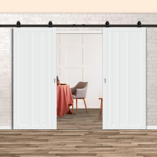Image: Top Mounted Black Sliding Track & Solid Wood Double Doors - Eco-Urban® Malmo 4 Panel Doors DD6401 - Cloud White Premium Primed