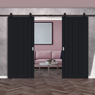 Image: Top Mounted Black Sliding Track & Solid Wood Double Doors - Eco-Urban® Malmo 4 Panel Doors DD6401 - Shadow Black Premium Primed