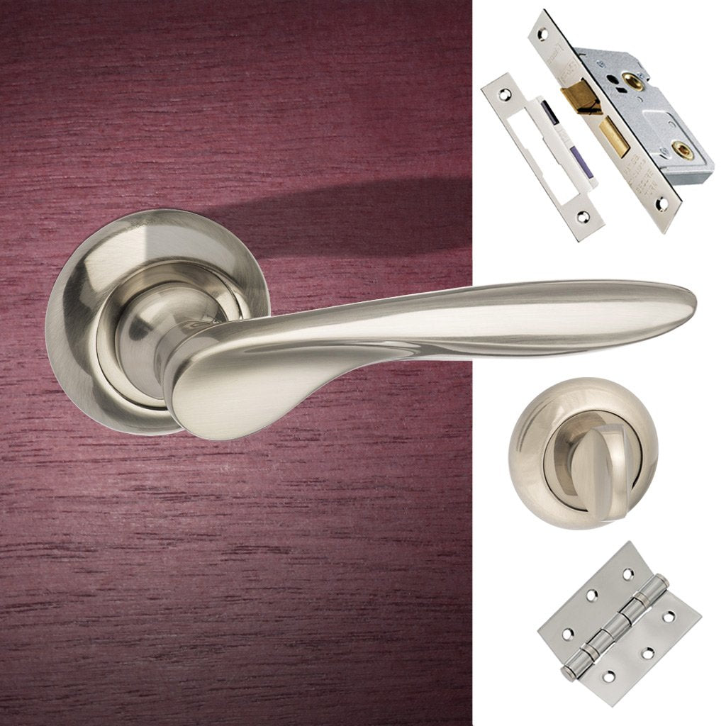 Malta Mediterranean Bathroom Lever on Round C Rose - Satin Nickel Handle Pack