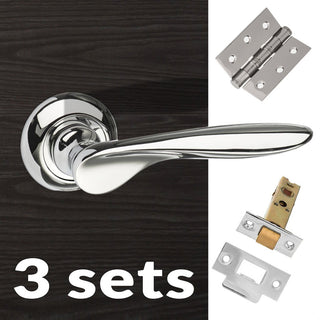 Image: Three Pack Malta Mediterranean Lever on Round C Rose - Polished Chrome Handle