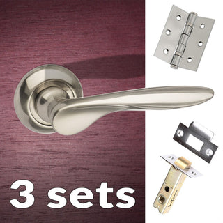 Image: Three Pack Malta Mediterranean Lever on Round C Rose - Satin Nickel Handle