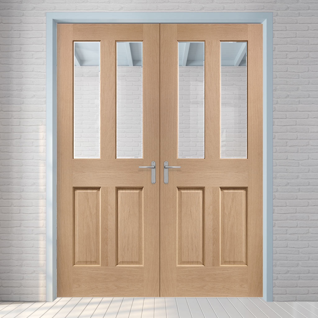 Malton Oak Internal Door Pair - Bevelled Clear Glass - No Raised Mouldings