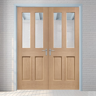 Image: Malton Oak Internal Door Pair - Bevelled Clear Glass - No Raised Mouldings