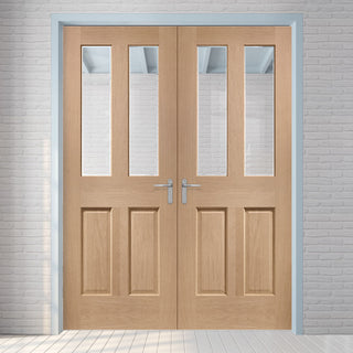 Image: Malton Oak Internal Door Pair - Bevelled Clear Glass - No Raised Mouldings