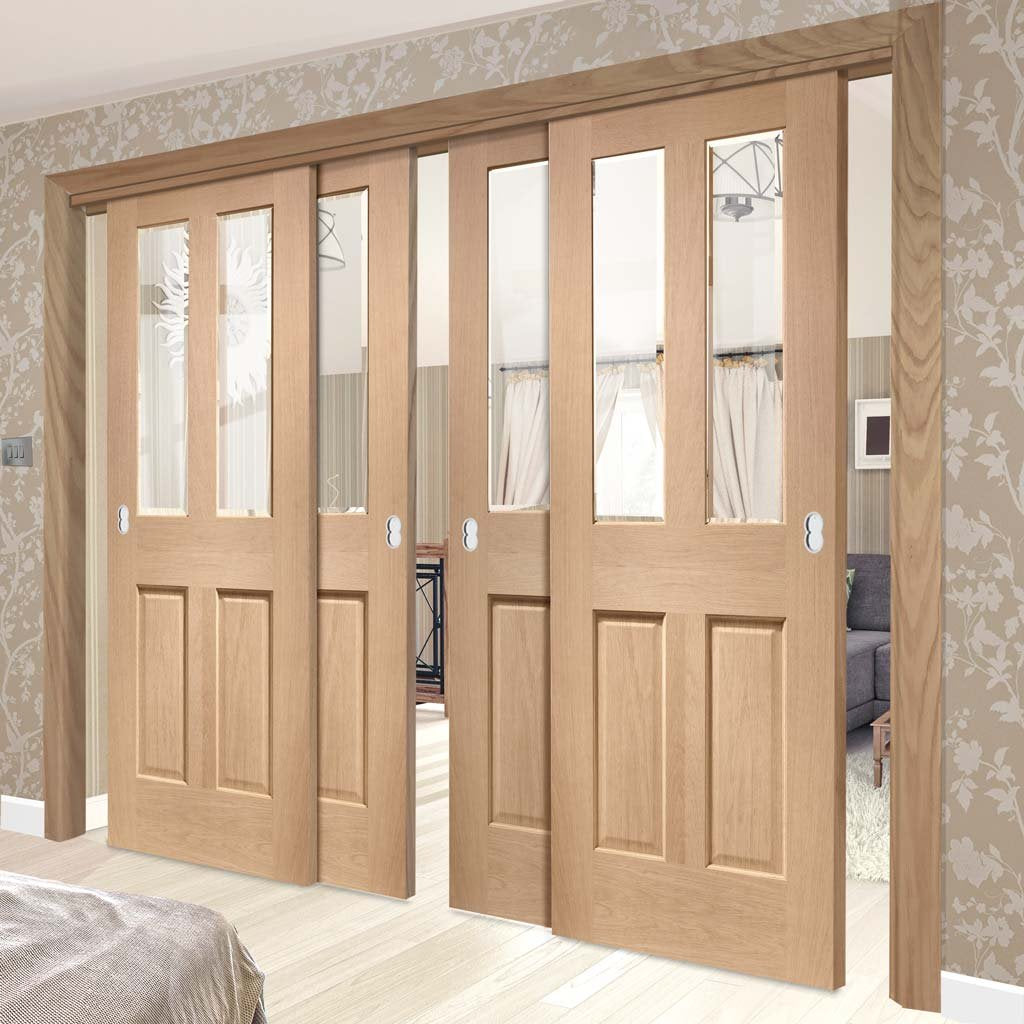 Four Sliding Doors and Frame Kit - Malton Oak Door - Bevelled Clear Glass - Prefinished