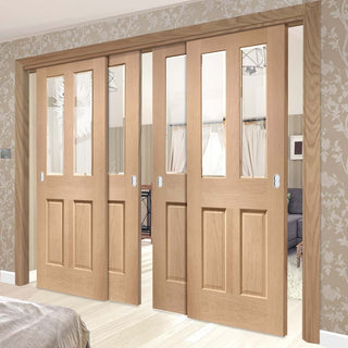 Image: Four Sliding Doors and Frame Kit - Malton Oak Door - Bevelled Clear Glass - Prefinished