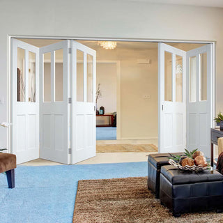 Image: Five Folding Doors & Frame Kit - Malton Shaker 3+2 - Clear Glass - White Primed