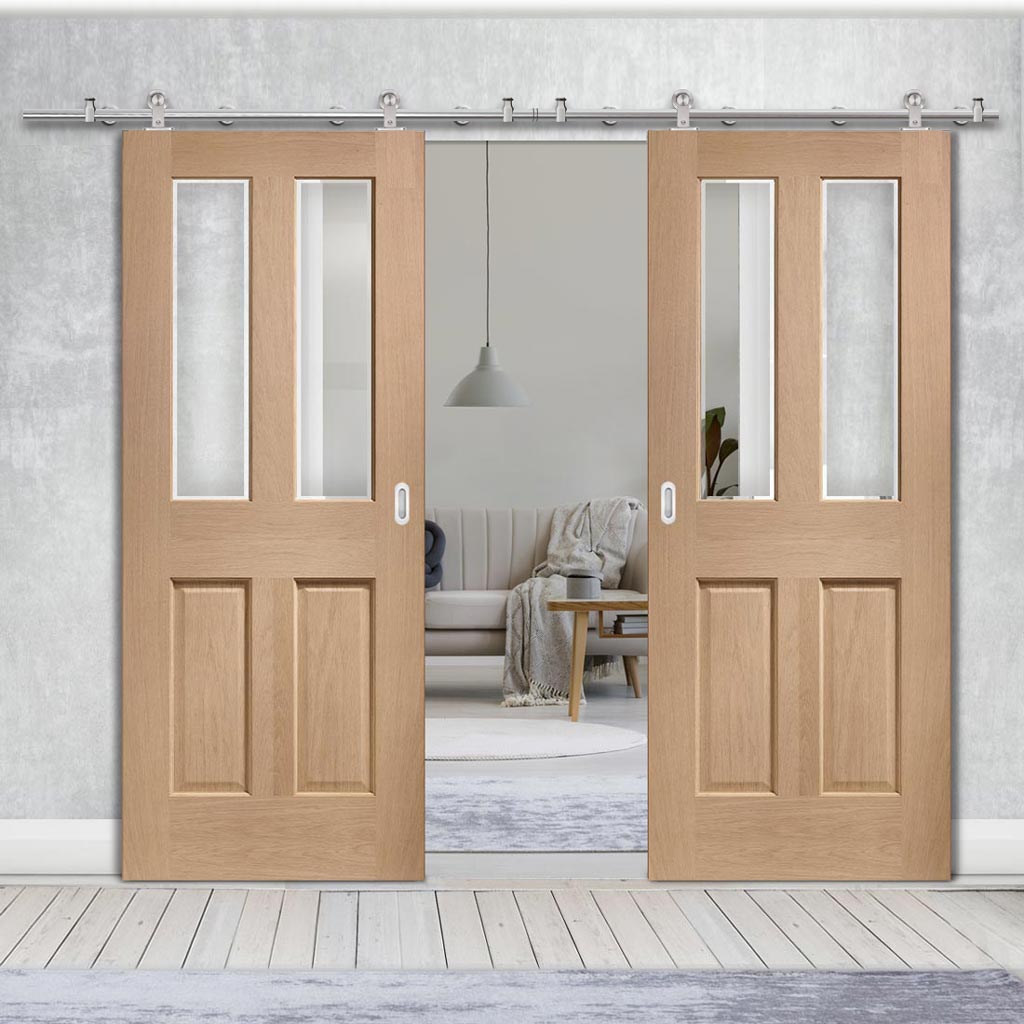 Sirius Tubular Stainless Steel Sliding Track & Malton Oak Double Door - Bevelled Clear Glass - Prefinished