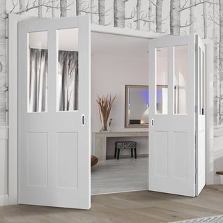 Image: Three Folding Doors & Frame Kit - Malton Shaker 2+1 - Clear Glass - White Primed