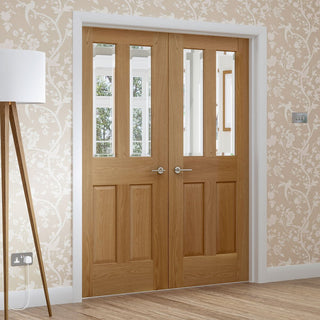 Image: Simpli Double Door Set - Malton Oak Door - No Raised Mouldings - Bevelled Clear Glass - Prefinished