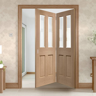 Image: Two Folding Doors & Frame Kit - Malton Oak 2+0 - Bevelled Clear Glass - No Raised Mouldings - Unfinished