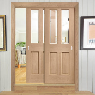 Image: Two Sliding Doors and Frame Kit - Malton Oak Door - Bevelled Clear Glass - Prefinished