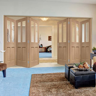 Image: Six Folding Doors & Frame Kit - Malton Oak 3+3 - No Raised Mouldings - Bevelled Clear Glass - Prefinished