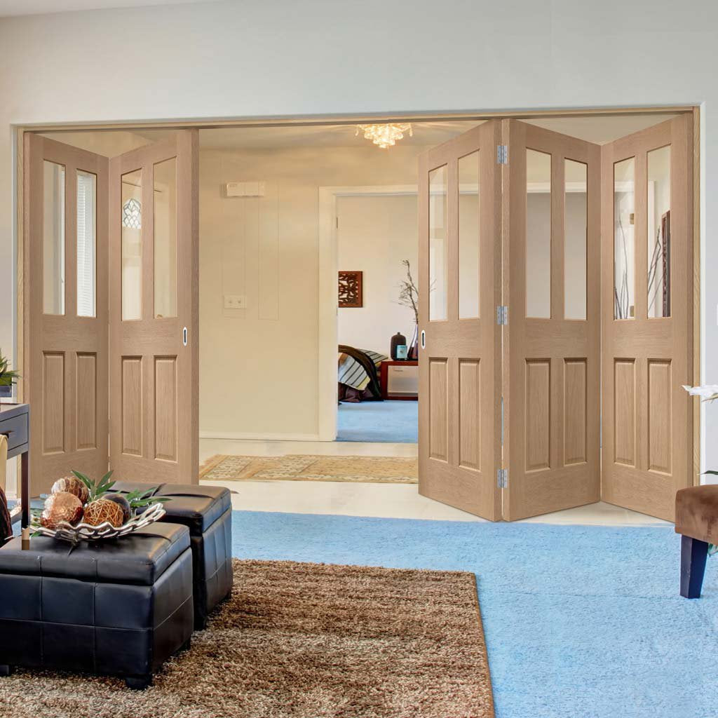 Five Folding Doors & Frame Kit - Malton Oak 3+2 - Bevelled Clear Glass - No Raised Mouldings - Unfinished
