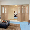 Five Folding Doors & Frame Kit - Malton Oak 3+2 - No Raised Mouldings - Bevelled Clear Glass - Prefinished