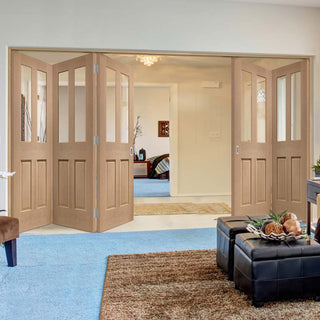 Image: Bespoke Thrufold Malton Oak Glazed Folding 3+2 Door - No Raised Mouldings - Prefinished