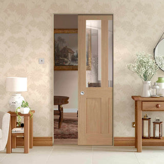 Image: Bespoke Malton Oak Shaker 2P & 2L Glazed Single Frameless Pocket Door