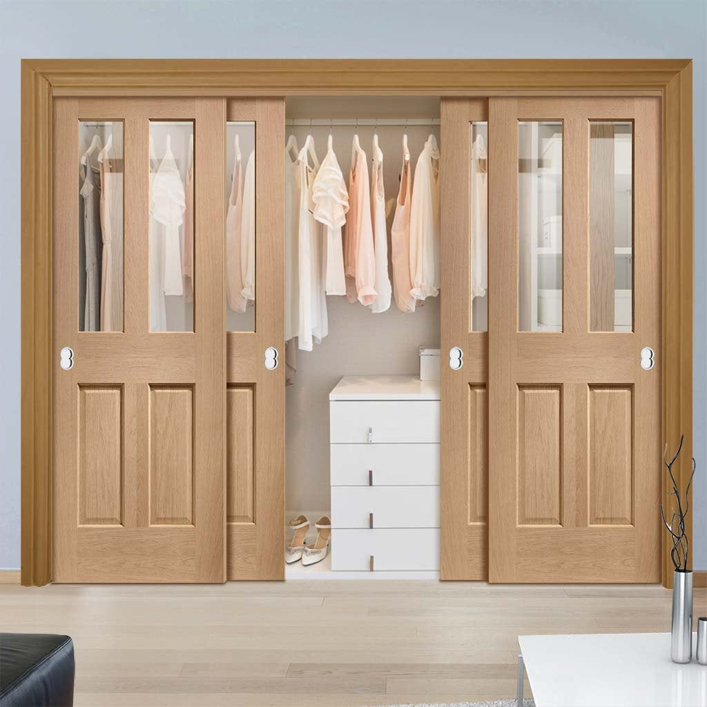 Bespoke Thruslide Malton Oak Glazed 4 Door Wardrobe and Frame Kit - Prefinished